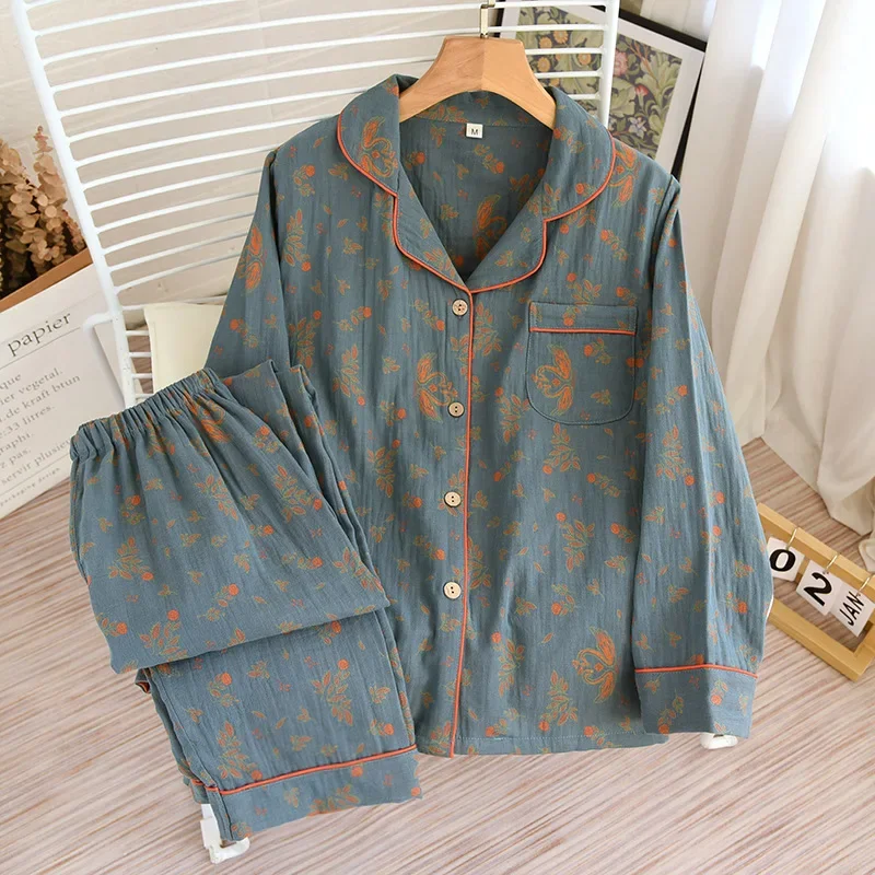 New Cotton Color Woven Washed Retro Pajama Set for Women Long Sleeves Trousers Homewear Vintage Pastoral Loungewear 2 Piece Sets