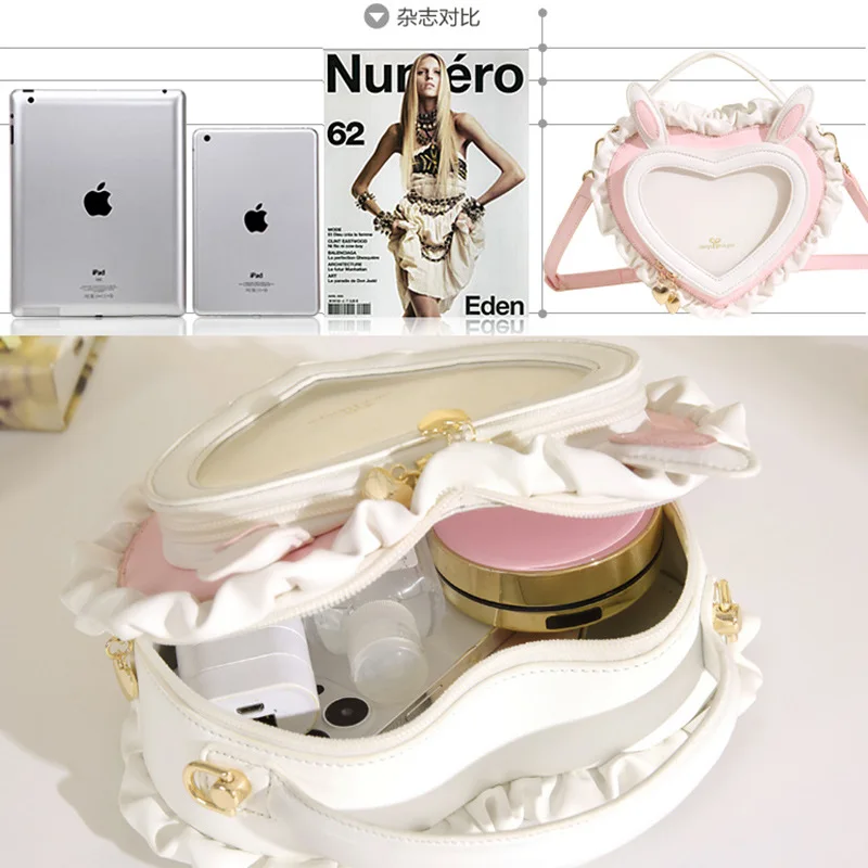 2025 New Rabbit Ears Peach Heart Transparent Pain Bag Bar and Grip Handheld Single Shoulder Women's  Cute Lace Bag Lolita