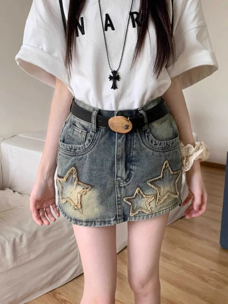 Amerikaanse Retro Vijfpuntige Ster Geborduurde Rokken Zomer Nieuwe Denim Korte Rok Forr Vrouwen Y2k Hoge Taille Bodycon Faldas Mujer
