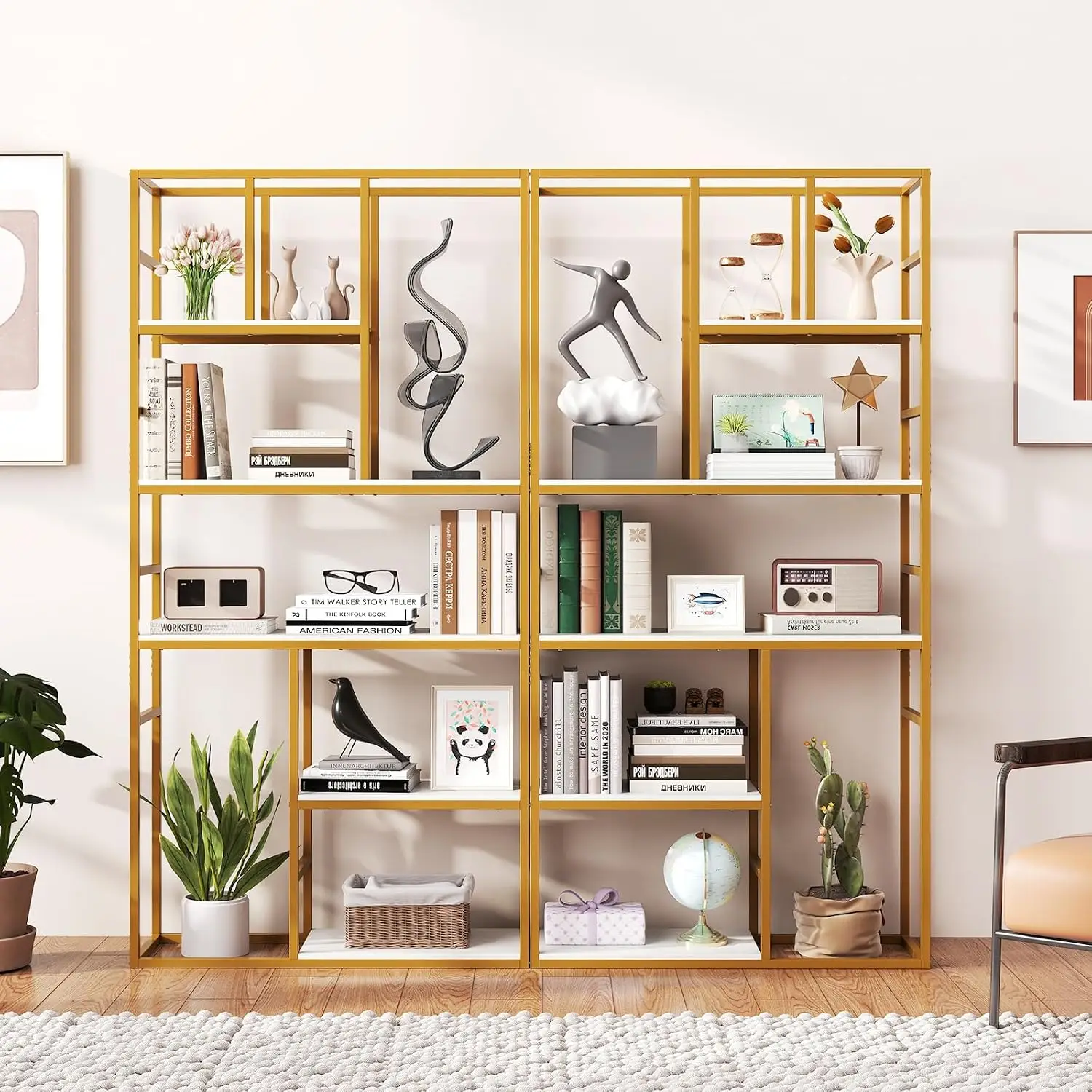 71" Bookshelf With Open Shelves, Metal Frame & Anti-Tip Kit, Tall Display Shelf For Living Room Bedroom, White+Gold, Customized