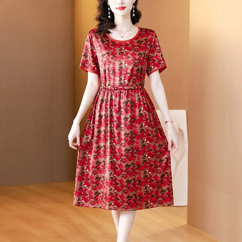 

Dresses Women Clothing Casual Summer Print Floral Ladies Short Sleeve silk Dress Elegant Round neck draw rope Vestidos De Mujer