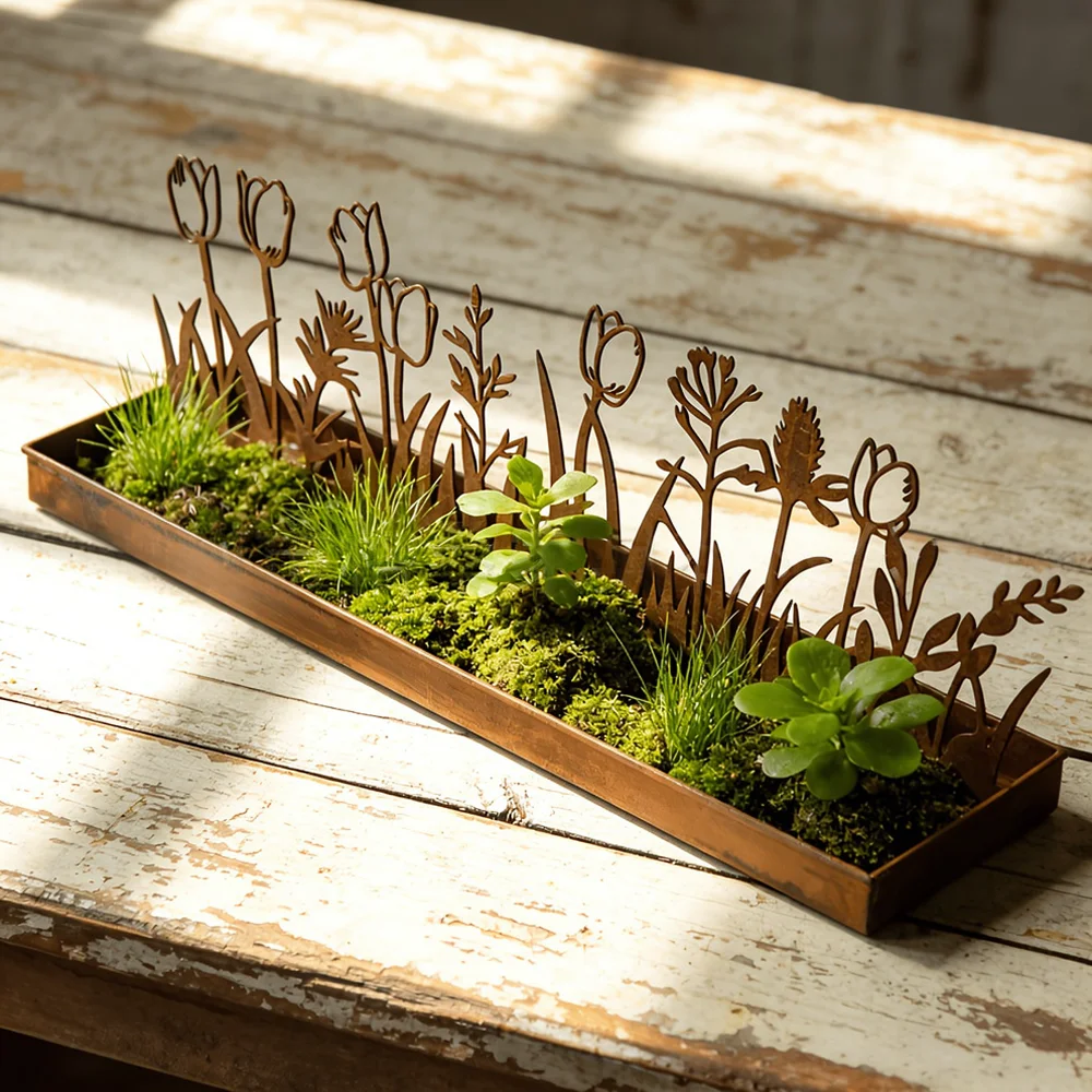Decorative Metal Flower Pot Silhouette Rectangular Iron Trough Minimalist Garden Art Ornament Office Desk Plant Holder
