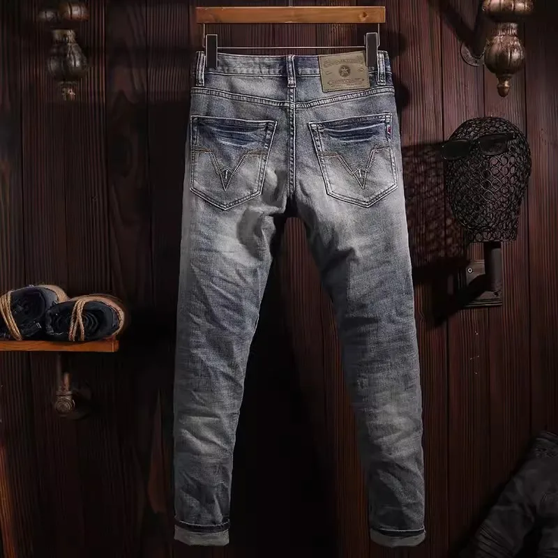 Street Fashion Men Jeans High Quality Retro Washed Blue Stretch Slim Fit Ripped Jeans Men Patched Designer Vintage Denim Pants