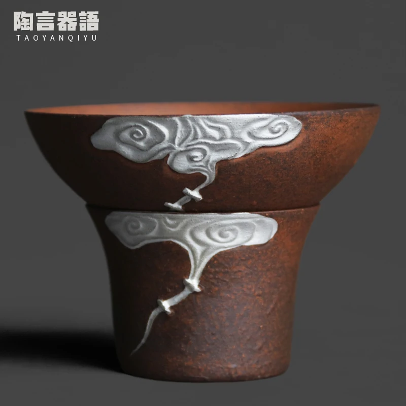 

Rock Mine Clay Embossed Painting Silver Tea Strainer Ceramic Filter Hole Design Kung Fu Tea Ceremony Tea Funnel Filter