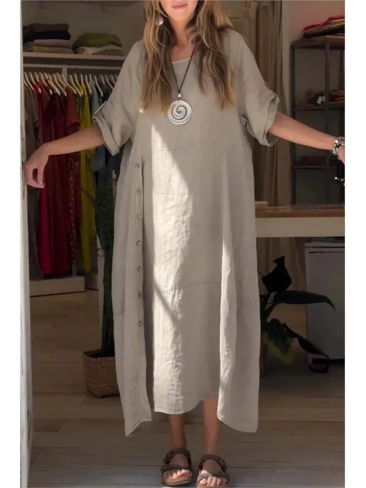 

Women Literary Style Solid Color Loose Dress 2026 New Summer O-Neck Pullover Casual Dresses Female Side Double Pockets Gown