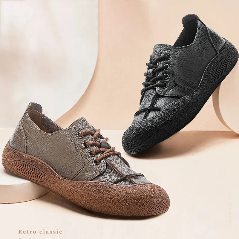 

New Casual Daily Moccasins Woman Flats Handmade Genuine Leather Lace Up Shoes for Woman Grippy Loafer All Match Flat Walk Shoes