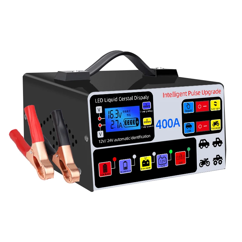 شاحن بطارية السيارة 400 أمبير 12 فولت/24 فولت - شاحن سريع 220 وات مع إصلاح النبض والتوقف التلقائي |   قطبية عكسية آمنة لحمض الرصاص/AGM