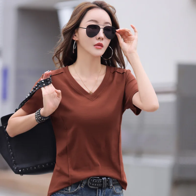 New 2024 T Shirt Women Summer Short Sleeve V-neck Design Soft T-shirt Basic Casual Female Tshirt 5 Colors Fashion Tops Tees