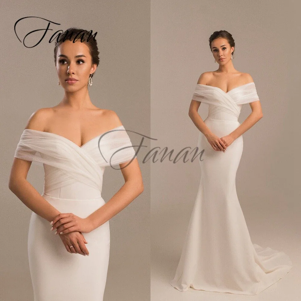 Personalizado simples querida sereia vestidos de casamento sem costas arco cetim varredura trem fora do ombro vestido de noiva robe de mariée