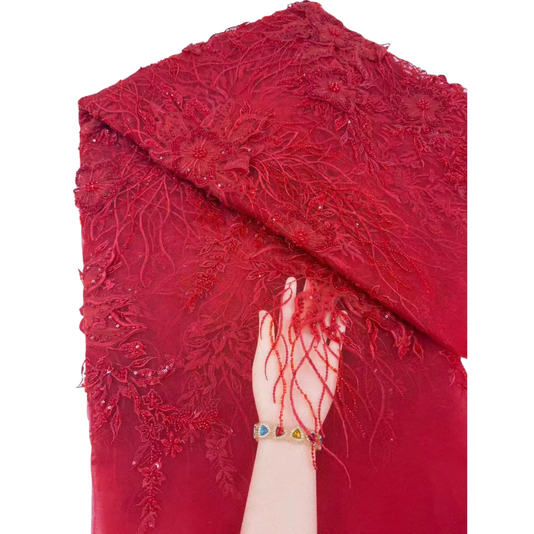 ผ้าลูกไม้ดูไบสีแดงล่าสุด ปักลา - Crystal Mesh Fabric บทวิจารณ์และราคา
