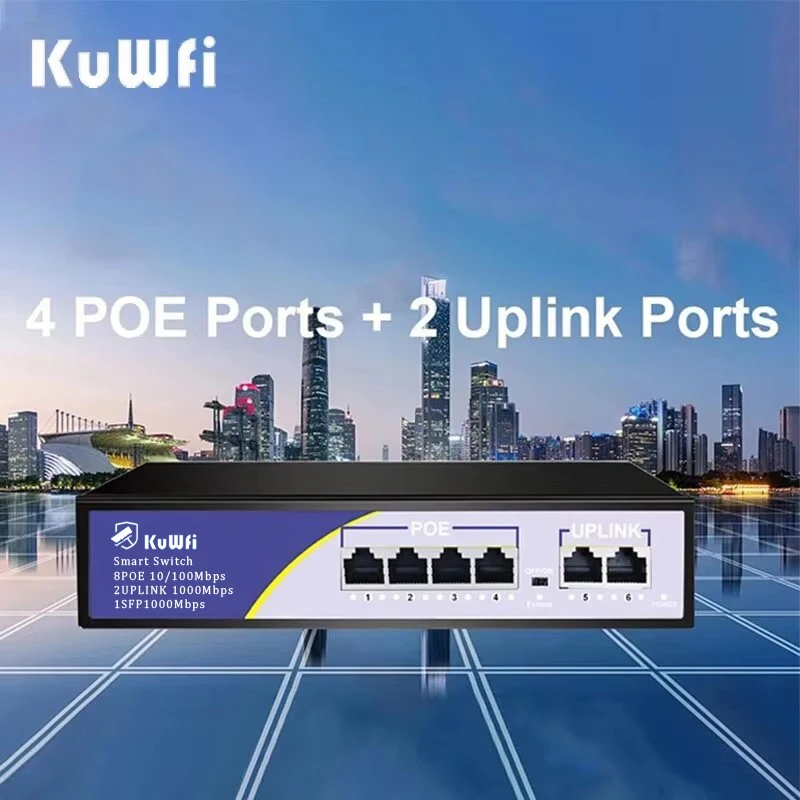 KuWFi POE Switch 6 Port 100Mbps Ethernet Smart Switch 4 PoE+2 UpLink With Internal Power Office Home Network Hub for IP Camera