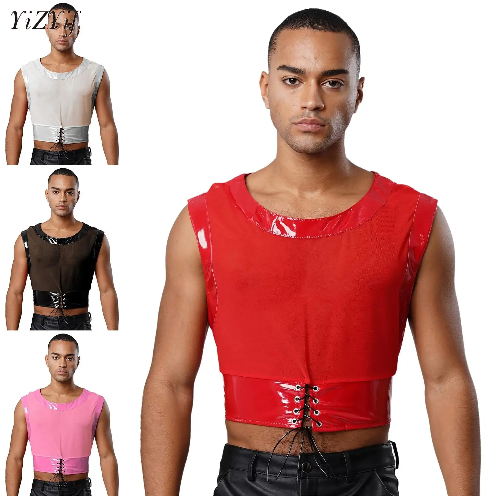 

Men Transparent Mesh Crop Top Sexy See Through Tank Tops Gym Fitness Sleeveless Undershirts Lace-Up T-shirts Nightclub Mini Vest