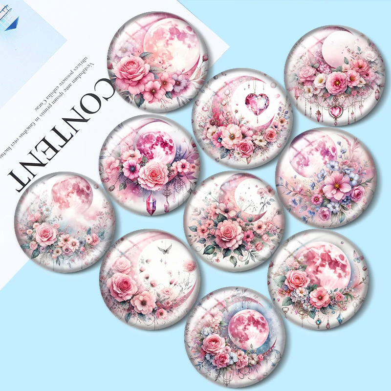 

Pink Moon Clip Art 10pcs 12mm/16mm/18mm/25mm Round Photo Glass Cabochon Demo Flat Back Making findings