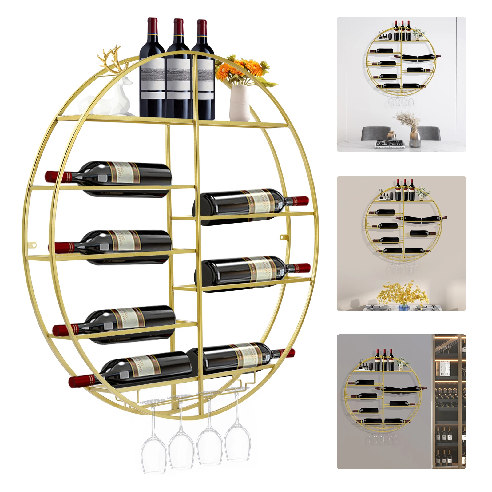 

Gold 12 Bottles Wall Mounted Wine Bottle Rack, Bar Liquor Shelves Shelf with Glass Holder Hanging Display Rack for Bar Dining