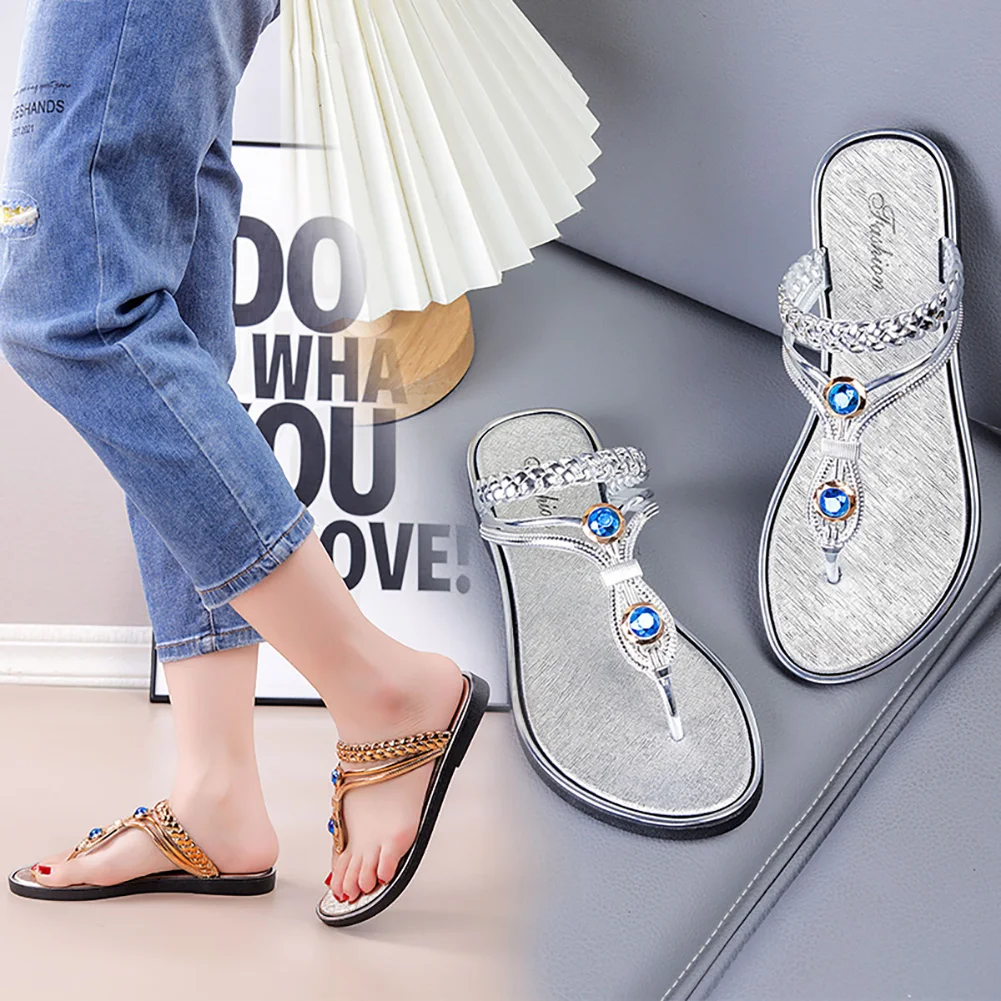 

Casual Ladies Sandals Women's Flip Flops for Beach Lightweight and Casual Slippers for Outdoor Flat Bottomed Rhinestone Sandals