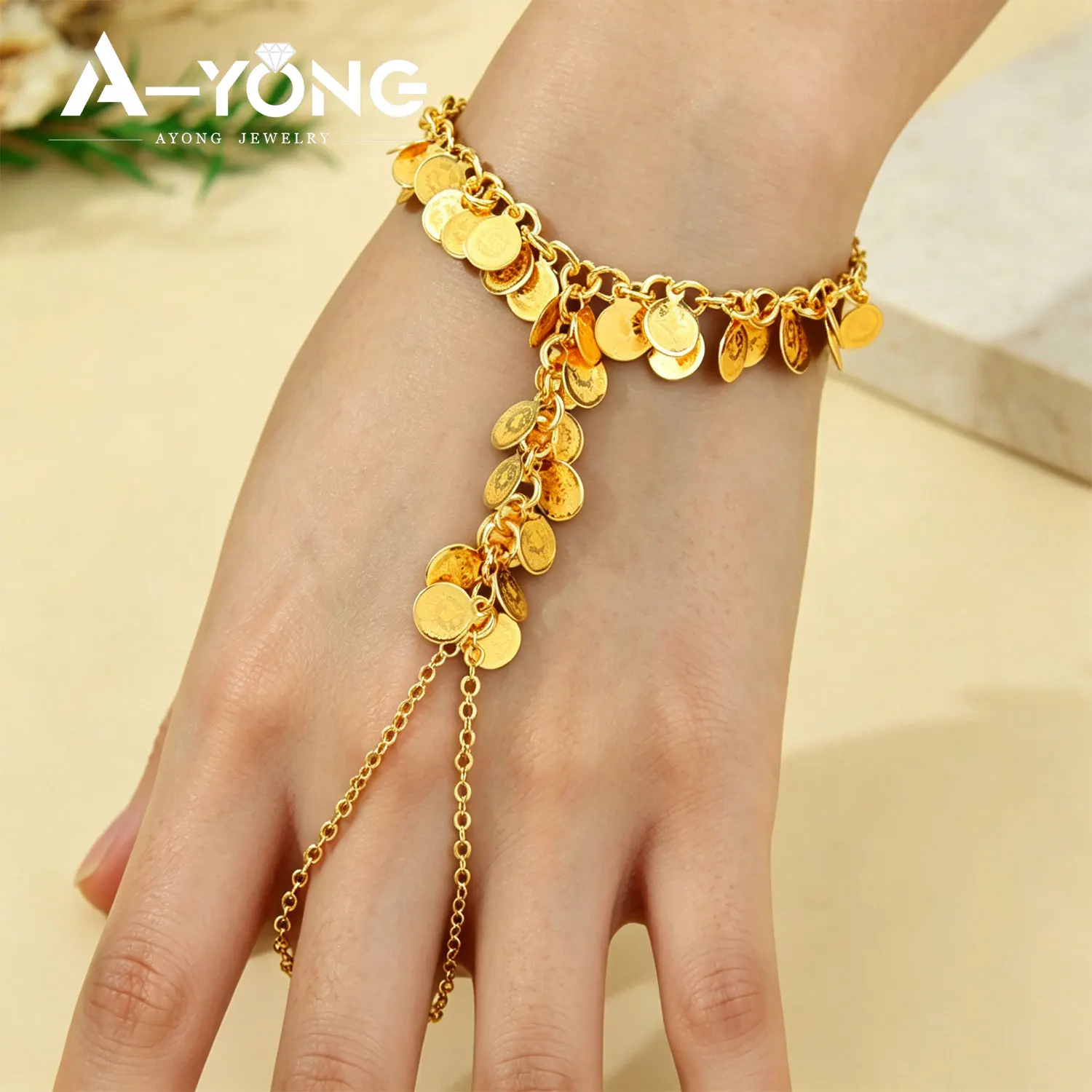 Arabisches Mode-Münzarmband 21k Vergoldet Dubai Elegante Braut-Quasten-Handketten mit Ring Türkischer Hochzeitsschmuck für Frauen – Detail 1
