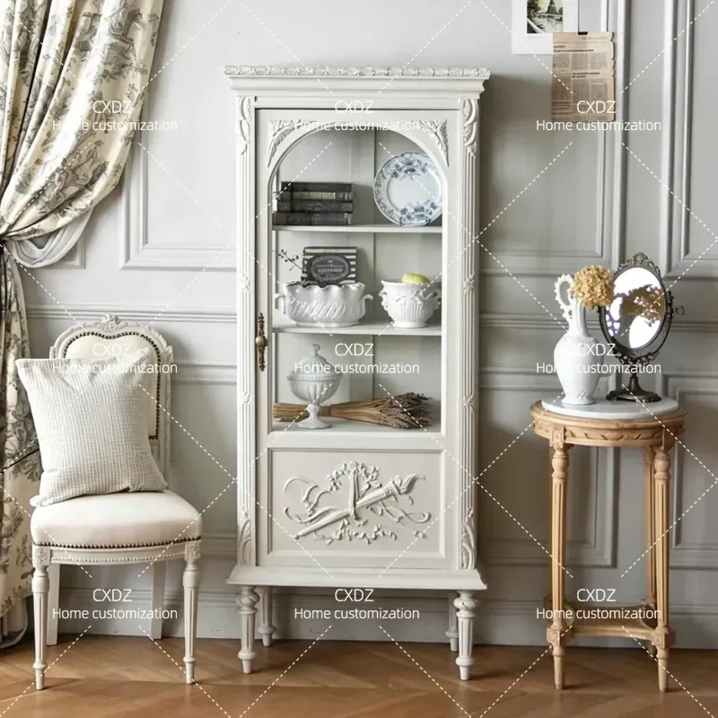 Retro Solid Wood Bookcase with Carved Glass Door Living Room Display Storage Cabinet White Luxury Wine Locker Shelf Unit
