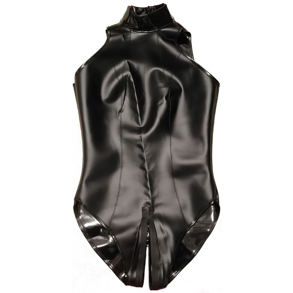 S-4XL Double Sided PU Swimsuit Sleeveless Wet Look PVC Catsuit Zipper Open Crotch Bodysuit Tights Hot Sexy Cosplay Maid Leotard view 2