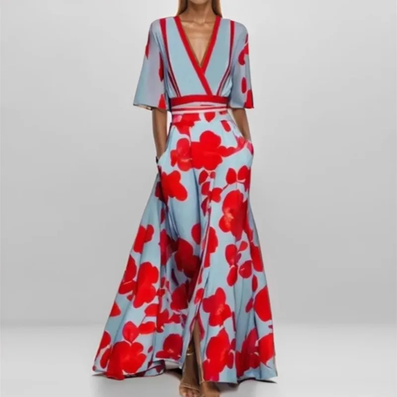 New Summer Women Fashion Long Dress V Neck Belted Party Sexy Print Boho Maxi Dresses Short Sleeve Pocket Femlae Holiday Vestidos