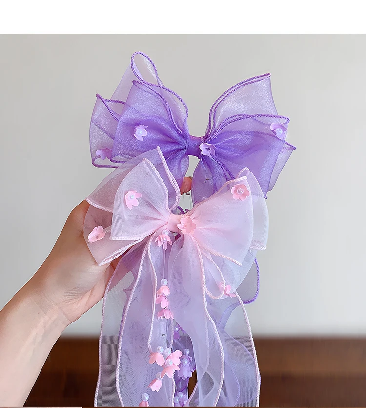 Niedliche Prinzessinnen-Tüll-Haarspangen mit Schleife für Mädchen, Lange Bandverzierungen, Blumen-Dekor Haarklammern für Kleinkinder und Kinder, Süße Haaraccessoires – Detail 3