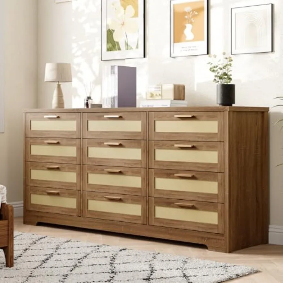 

Rattan 12-Drawer Dresser, Modern Farmhouse Chest of Drawers, Space Saving Storage Organizer for Bedroom Living Room and Apartme