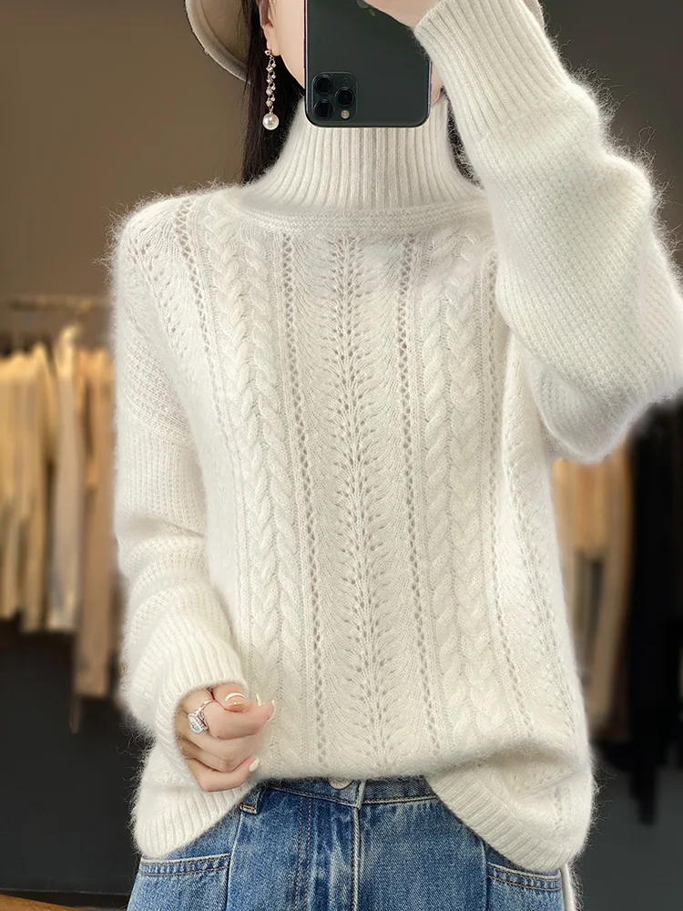 

Women Cashmere Mock-neck Hollow Out Sweater Pullovers Autumn Winter 100% Mink Cashmere Knitwear Thick Fashion Clothing Tops New