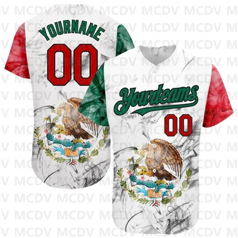 Camiseta de béisbol personalizada, blanca, roja, Kelly, verde-negra, 3D bandera mexicana, auténtica