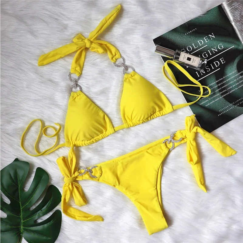 Maillot de bain brésilien sexy jaune pour femmes, bikini, ensemble deux pièces, couleur solide, vêtements de plage, pour baigneurs de piscine, 2024