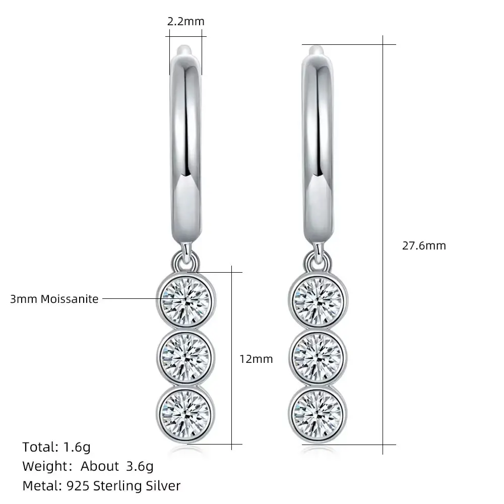 Pretty Beauty 3mm Three Stones Moissanite Pendant Hoop Earrings for Women 925 Silver Dangle Drop Earrings Hypoallergenic Jewelry