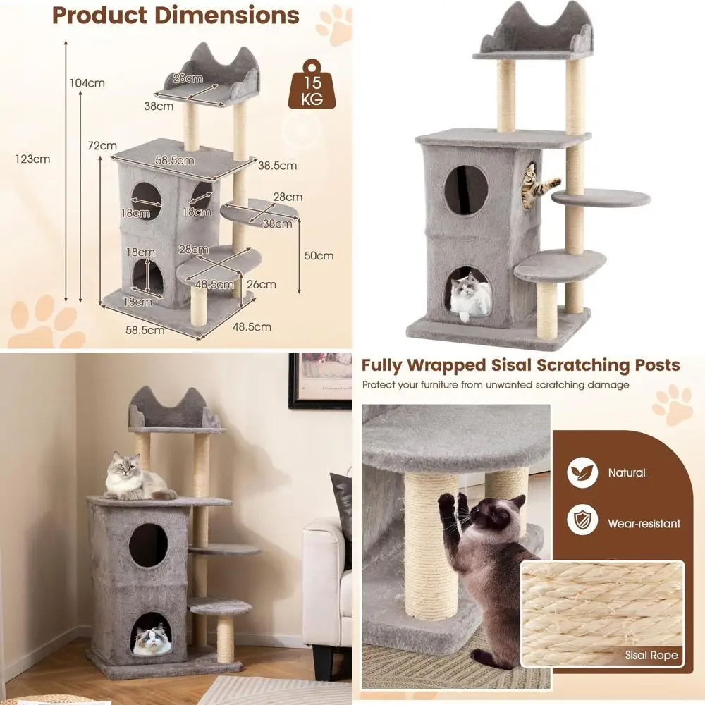 

48.5 Grey Multi-Level Cat Tower with Sisal Posts, Double Condo, Top Perch & Jumping Platforms
