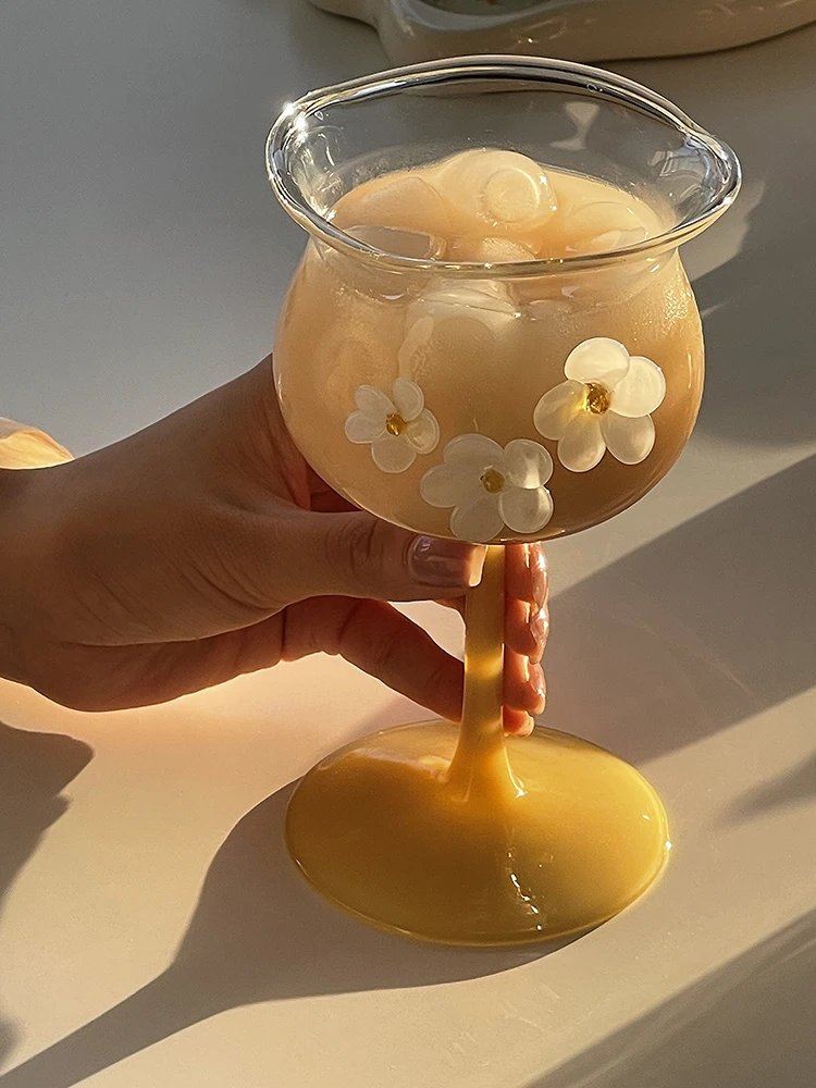 Creative Colorful Tumbler Glass Cup Three-Dimensional Floral Embellishment Stemglass Tute Flower Glass Cocktail Champagne