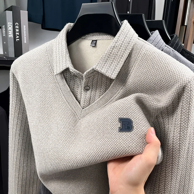 

High End Brand Men's Lapel Fake Two Piece Autumn Winter New Arrival Letter Print Headset Anti pilling Casual Business Men'swear