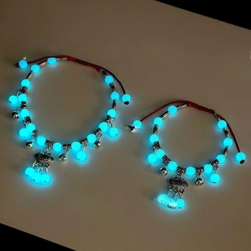 Traditional Ankle Bells Silver Dance Foot Jewelry Glowing Stone Longevity Lock Red Braided Anklet Ethnic Style Folk Accessory