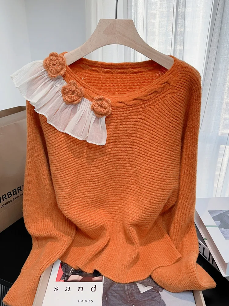 

New Korean Lazy Sweater Women 2025Spring Autumn Sweet Three-Dimensional Flower Long Sleeve Pullovers Mujer Knitwear Tops Jumpers