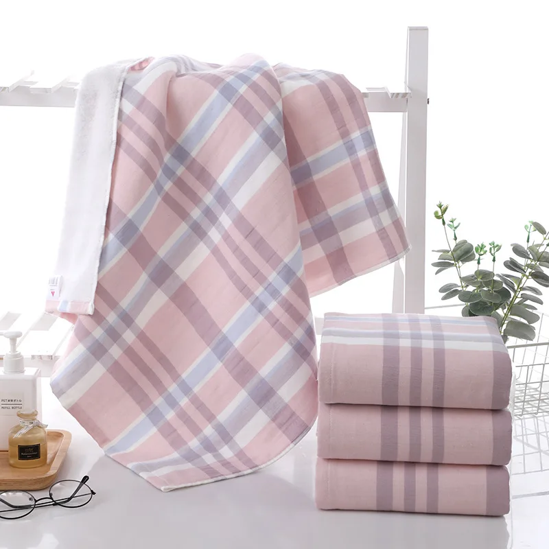 Plaid Face Bath Gauze Towel Set for Men and Women, Terry Towel, 100% Cotton, Bathroom, Adults, 34*75, 70*140 cm, 2 pcs