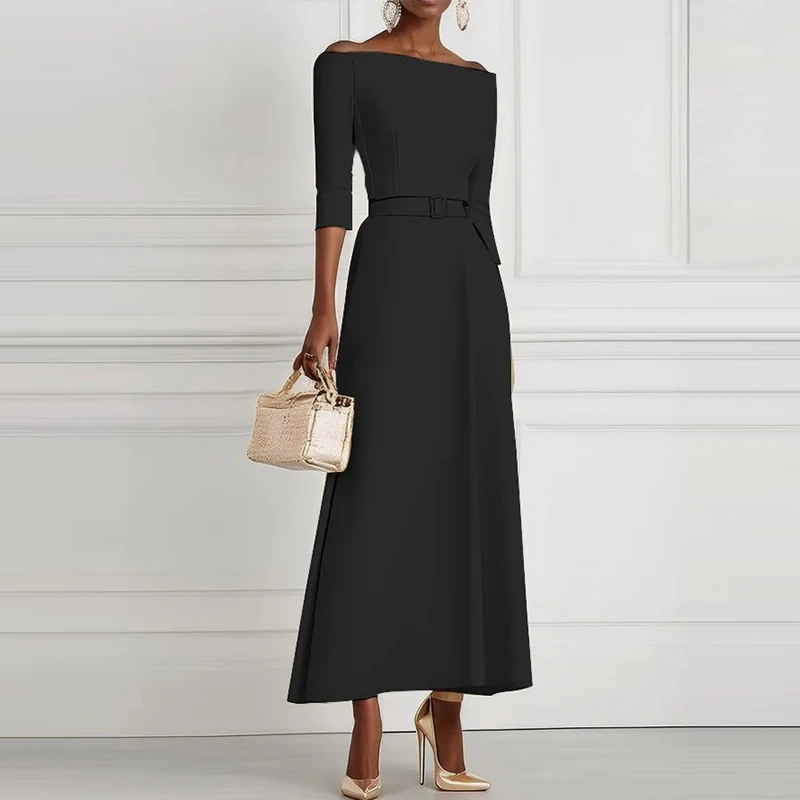Office Ladies Elegant Solid High Waist Party Dress 2025 Spring Crew Neck Hollow Long Dress Autumn Long Sleeve A-Line Maxi Dress - Image 3