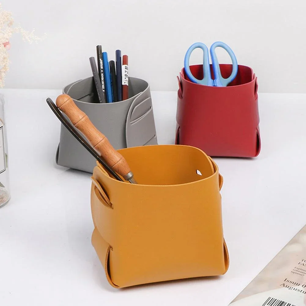 Nordic Ins Leather PU Storage Box Desktop Makeup Brush Storage Pen Holder Creative Folding Portable Leather Storage Box