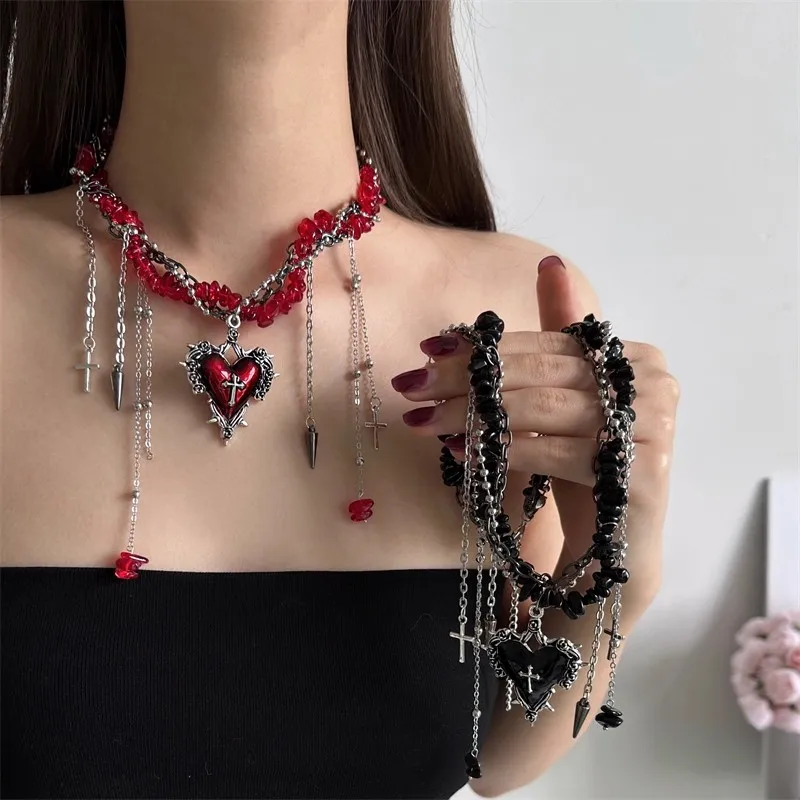 فاسق الشارع الشهير القوطية Y2K أحمر أسود مطرز سلسلة معدنية برشام القلب الصليب قلادة قلادة للنساء الرجال زوجين مجوهرات 2026 #4