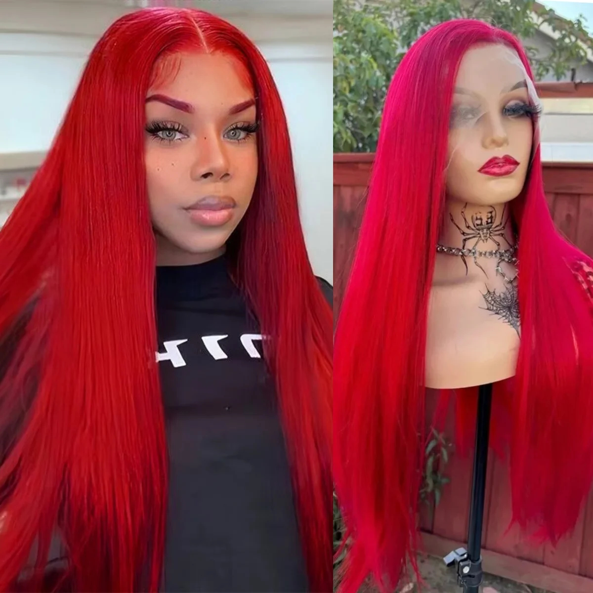 

Hot Red Lace Front Wig Natural Looking 32Inch Long Silky Straight Heat Resistant 13X4 Synthetic Hair Daily Use Cosplay For Women