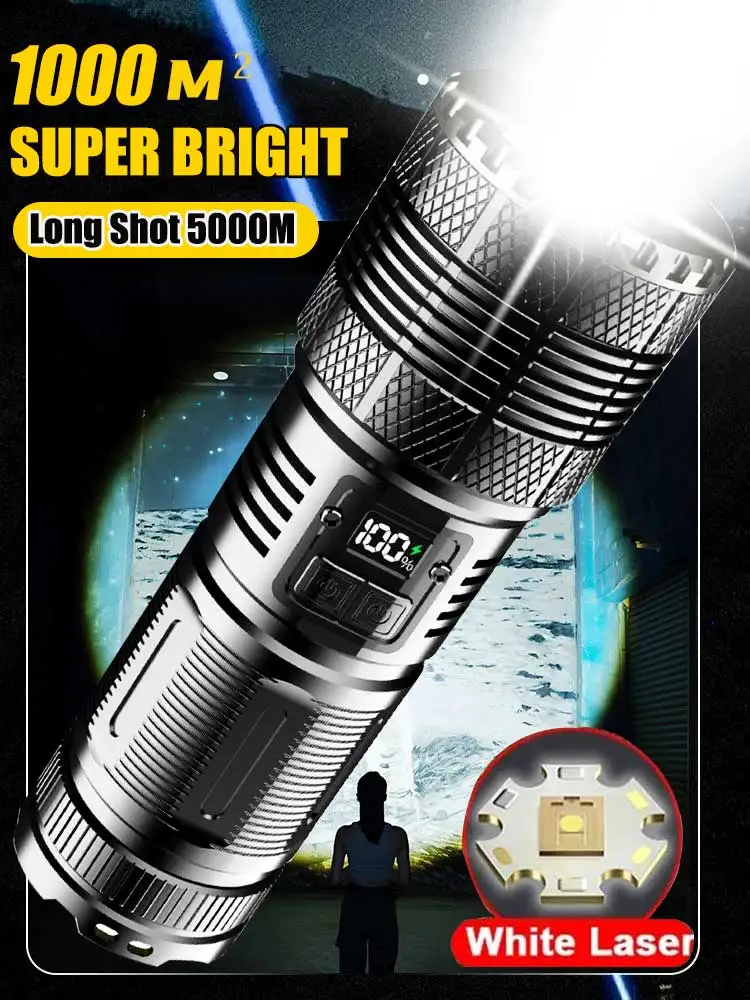 Brightest White Laser LED Flashlight Rechargeable Torch Lighting 5000M Tactical Lantantern Ultra Powerful Lantern with 15000mah