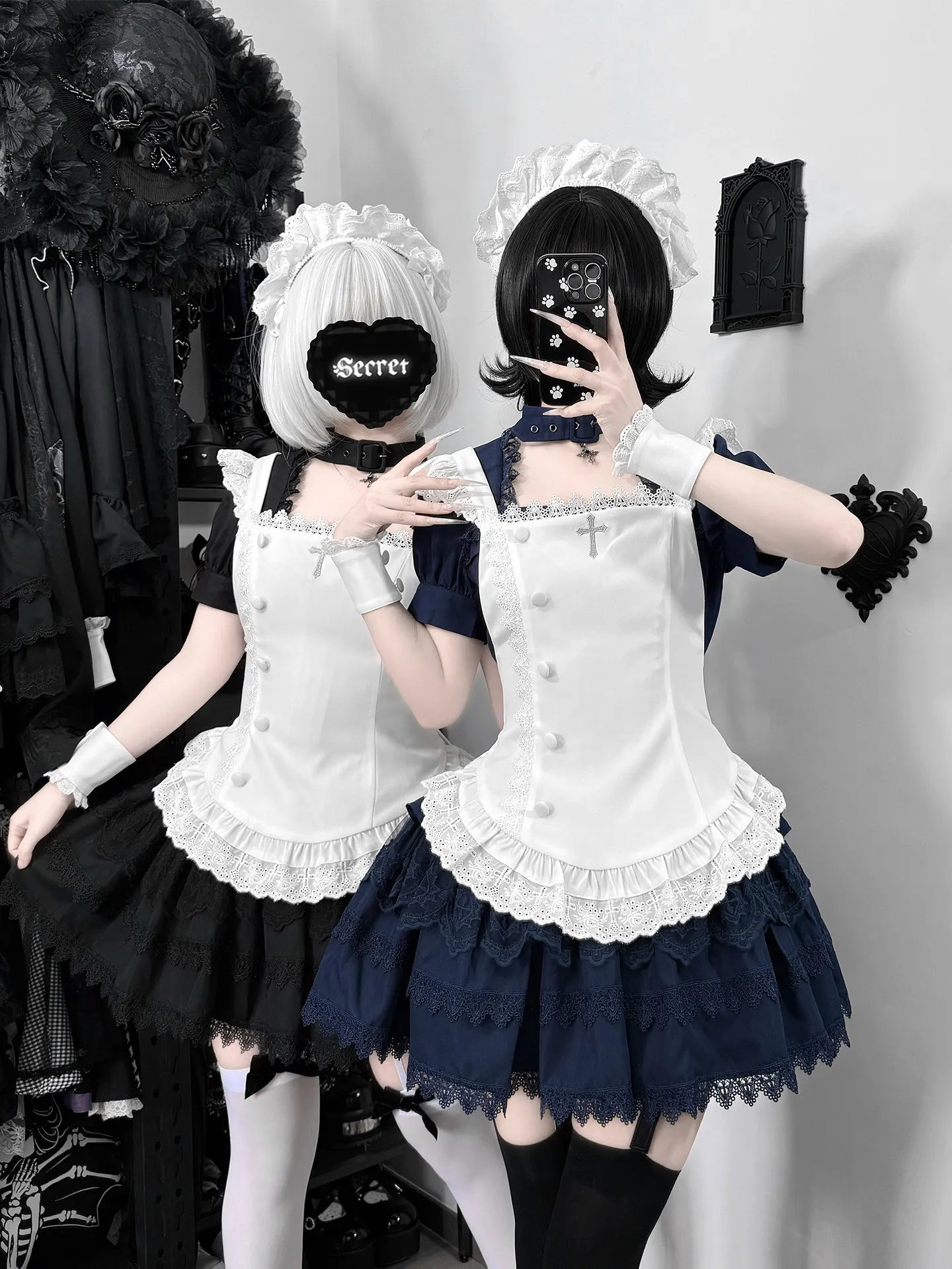 

Gothic Lolita Maid Dress Black/navy Blue Twin Op With Apron Lace Tiered Skirt Japanese Sweet Lolita Maid Dress Set