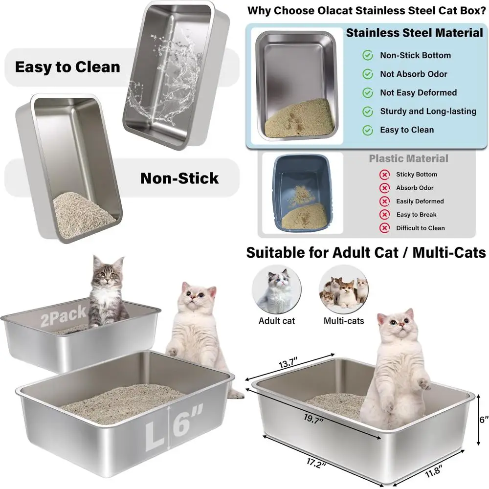 

Большой металлический лоток для кошек, 19,68 x 13,77 x 6 дюймов, легко чистится, с антипригарным покрытием, без запаха, для взрослых кошек