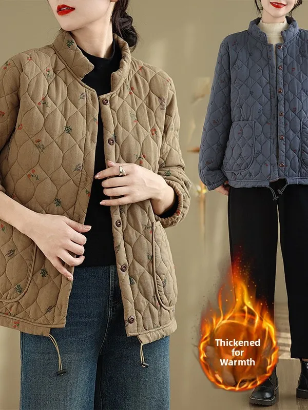 

Artistic Retro Thiened Cotton Jaet Casual Versatile Large Size Printed Loose Fit Long Sve Women's Winter Coat