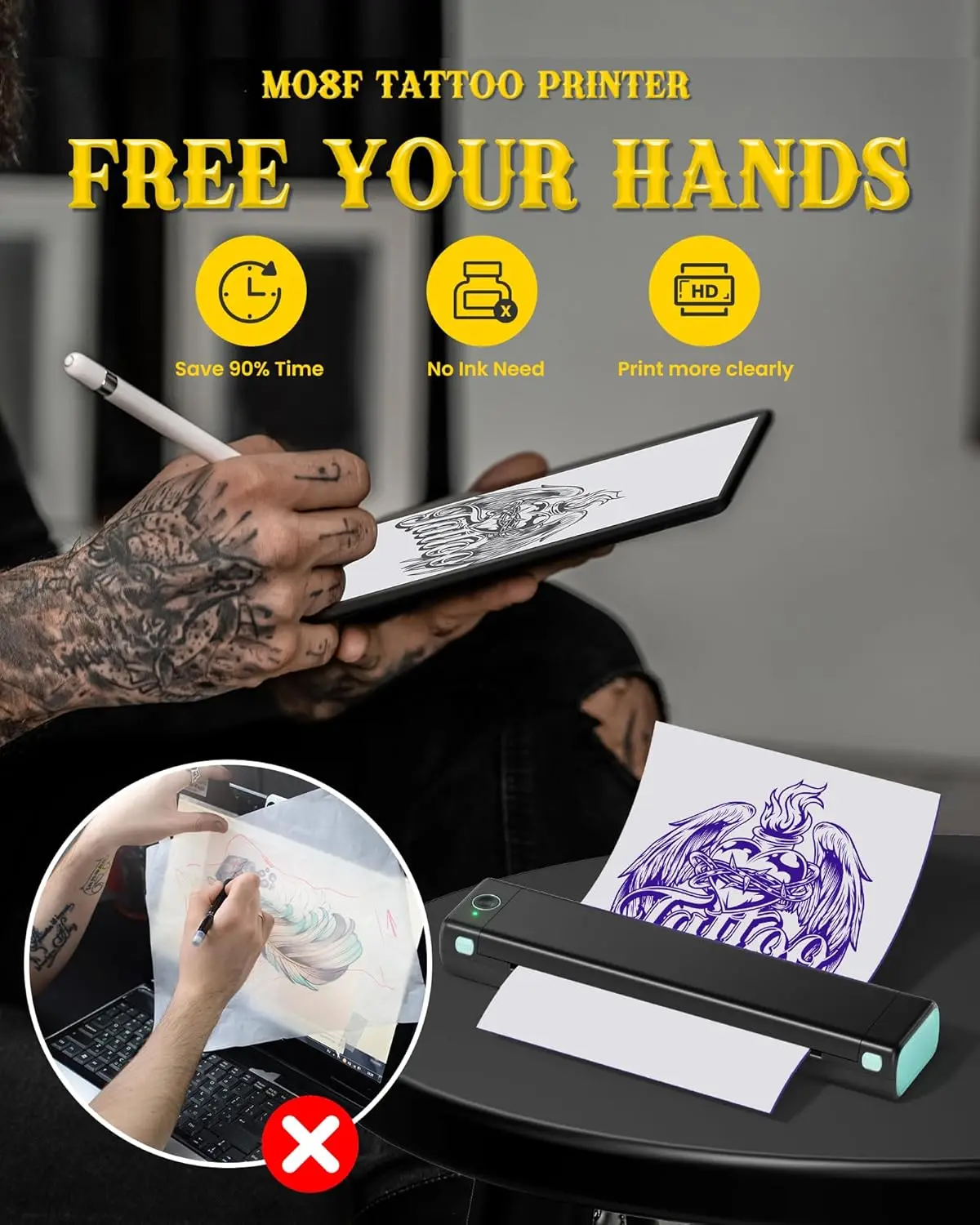 Thermal Tattoo Stencil Printer M08F Portable Transfer Machine A4 Mobile Document Printer For Professional Tattooist Studio