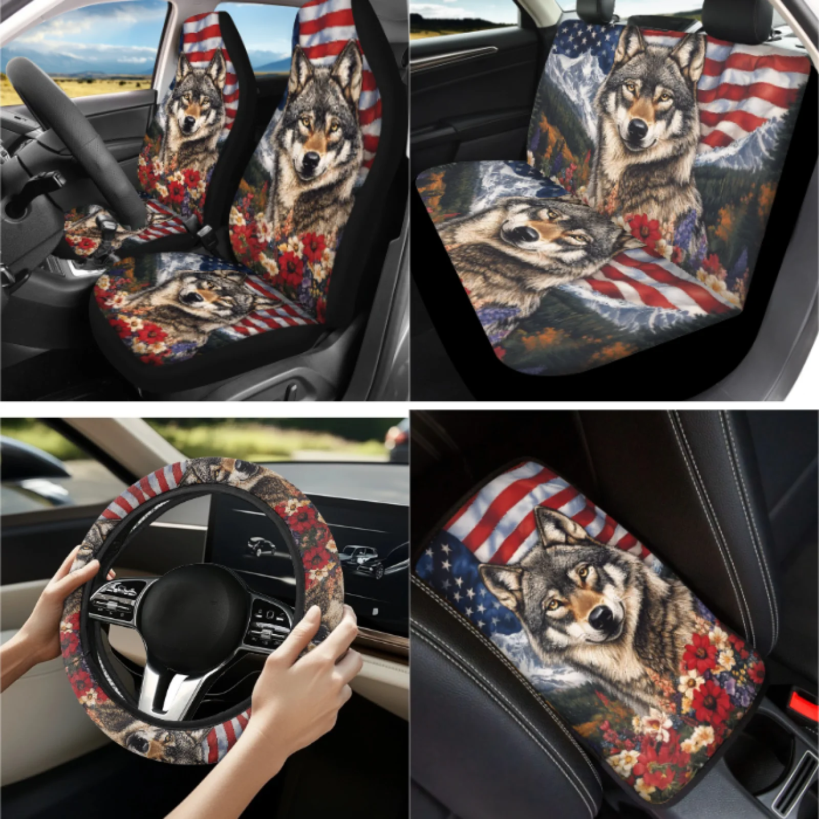 Coloranimal American Flag Wolf 13 PCS Set Auto Accessory Decor with Elastic Seat Belt Cover and Keychain for Interior