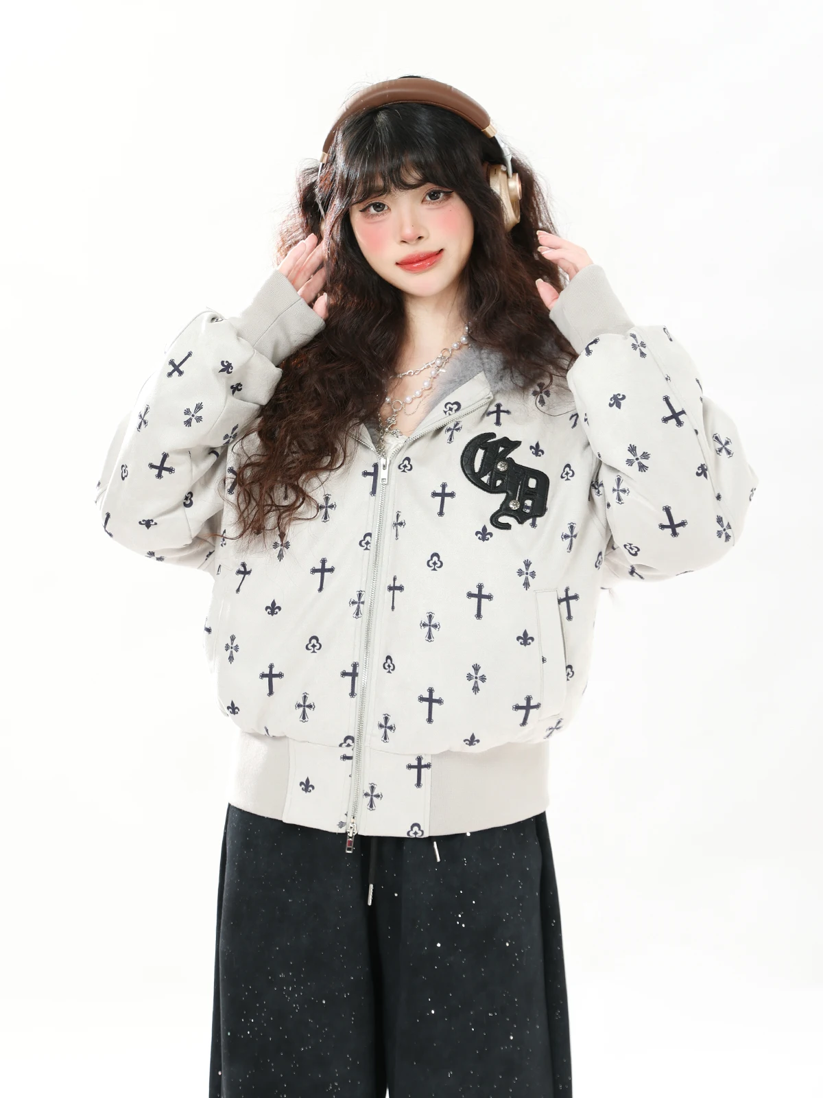 

ENJOG American Cross Ear Hooded Cotton Jaet Women Winter Thiened Long Sve Loose Fur Cotton Coat Zipper Closure