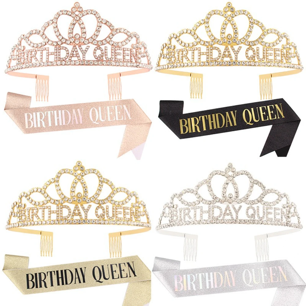 Corona de Tiara de diamantes de imitación de Reina de cumpleaños con purpurina de oro rosa y faja de satén, regalos para mujeres, suministros de decoración para fiesta de cumpleaños 40 50