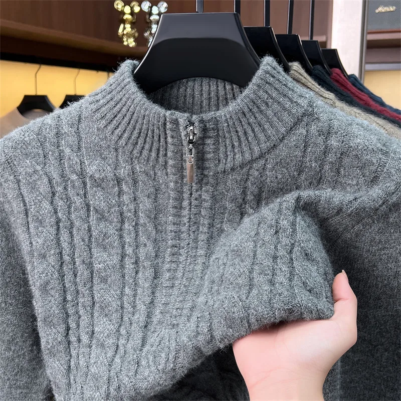 Trend High-end jacquard men's sweater new knitted comfort soft warmth autumn winter leisure half zipper stand collar pullover