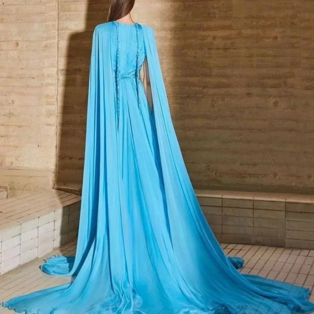 Classy Long Blue V Neck Beaded Chiffon Evening Dresses Full Sleeves A Line Sweep Train Robe De Soiree