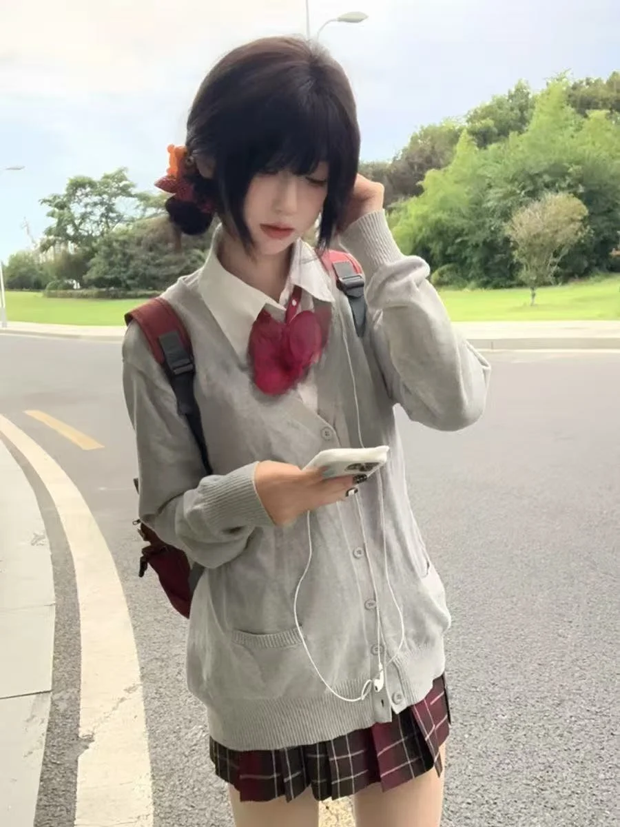 

Оригинальный осенне-зимний комплект JK orm Комплект клетчатая юбка Long Sve Открытый кардиган Свитер College Sle School orm Soft Girl La...